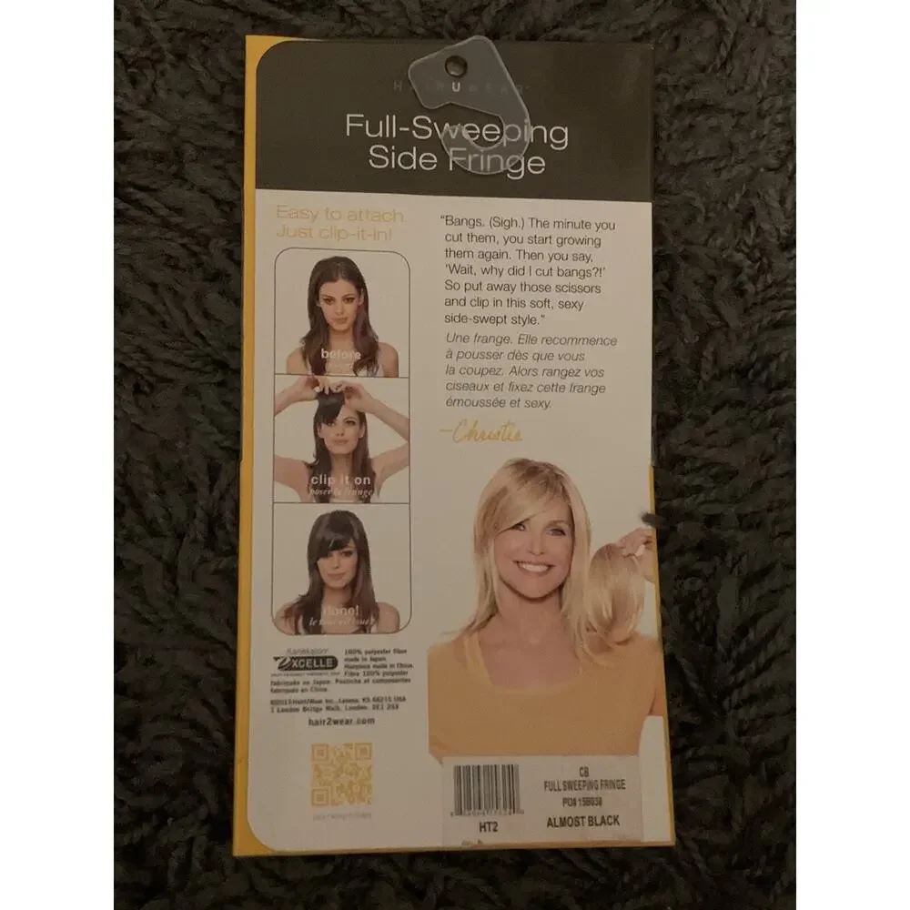 NWT Hair2Wear Full Sweeping Side Fringe Bangs Synthetic Almost Black
